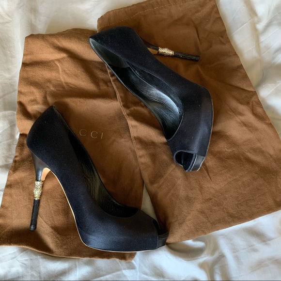 Gucci Shoes 39 Heels Peeptoe Raso Seta Nero 600 - Picture 13 of 13